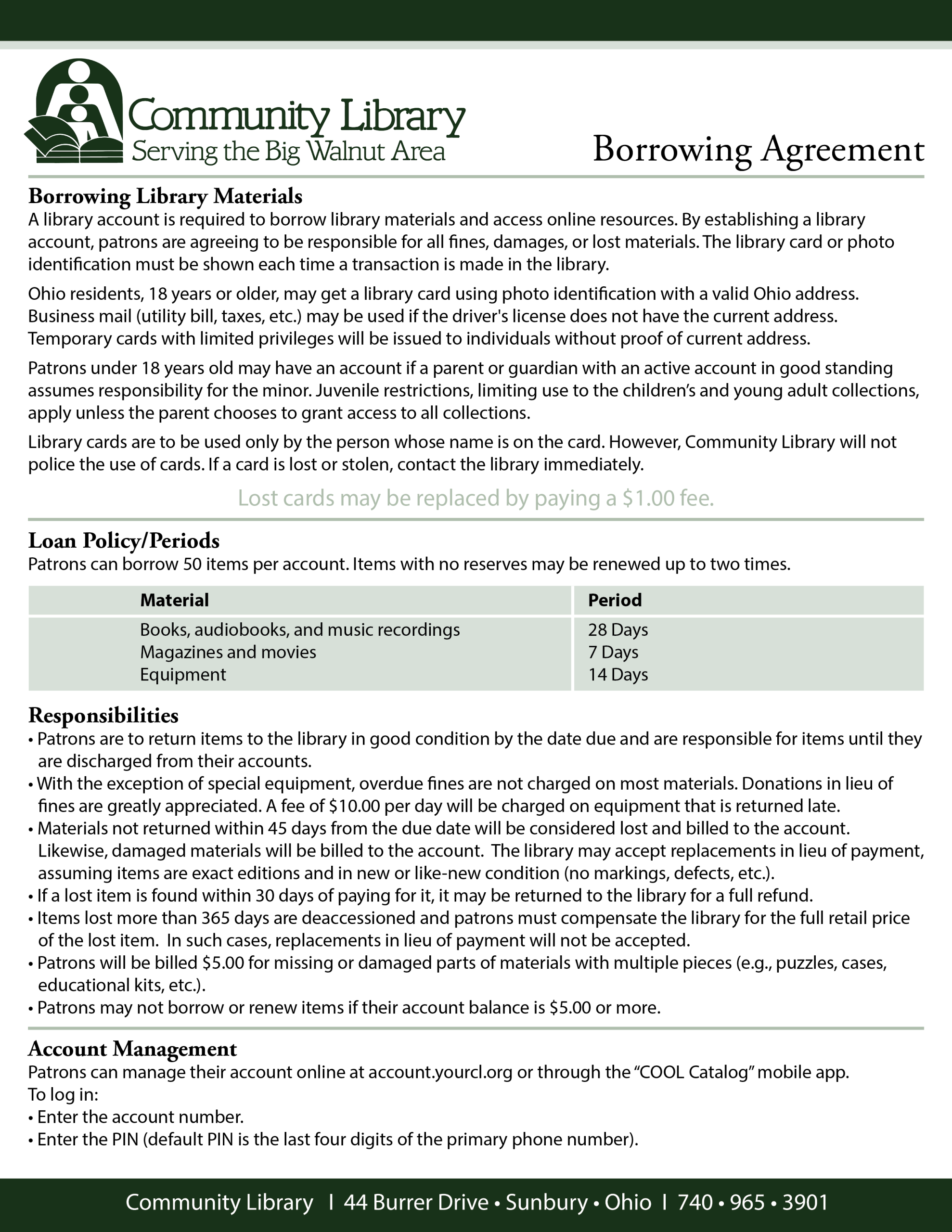 Image of Community Library Borrowing Agreement. Click to open a PDF.